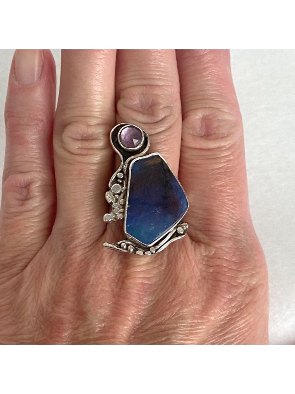 Sterling Silver 925 Brutalist Modernist Amethyst & Agate Ring Adjustable 7.5 - 8